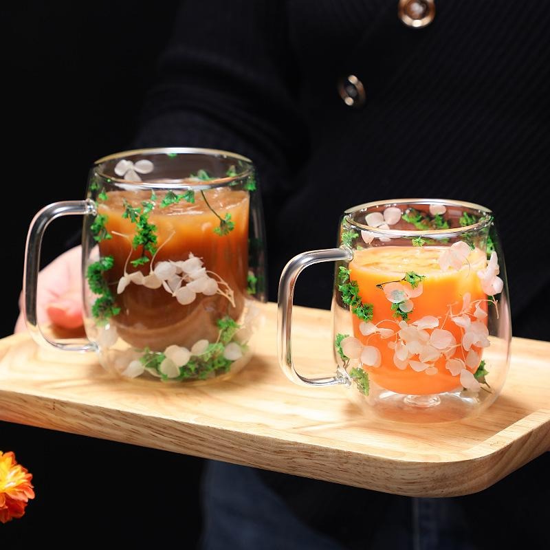 Transparent Double Glass Flower Tea Cup