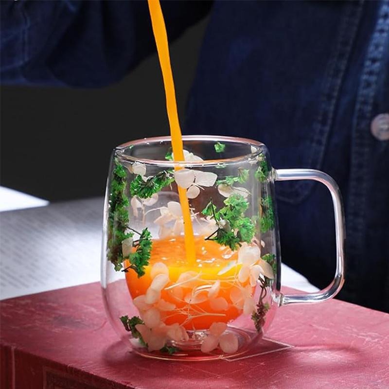 Transparent Double Glass Flower Tea Cup