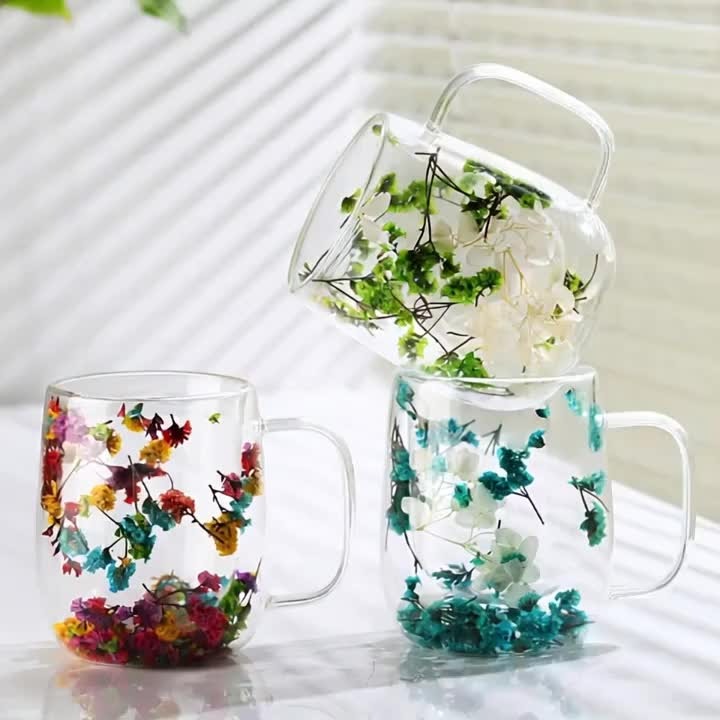 Transparent Double Glass Flower Tea Cup