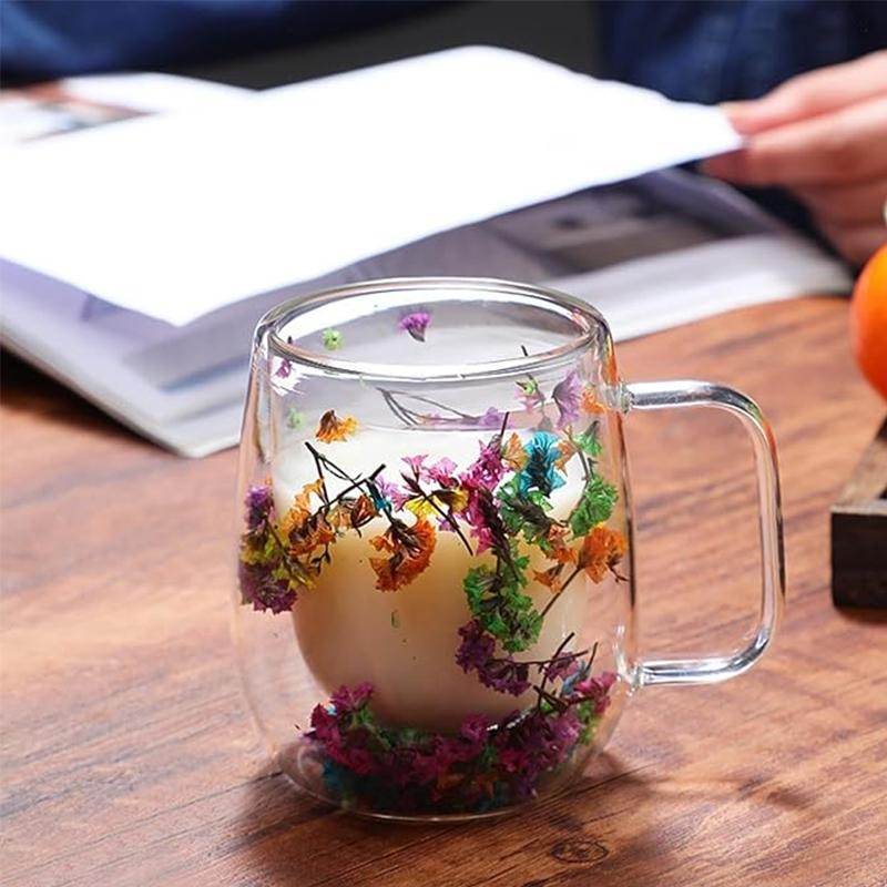Transparent Double Glass Flower Tea Cup
