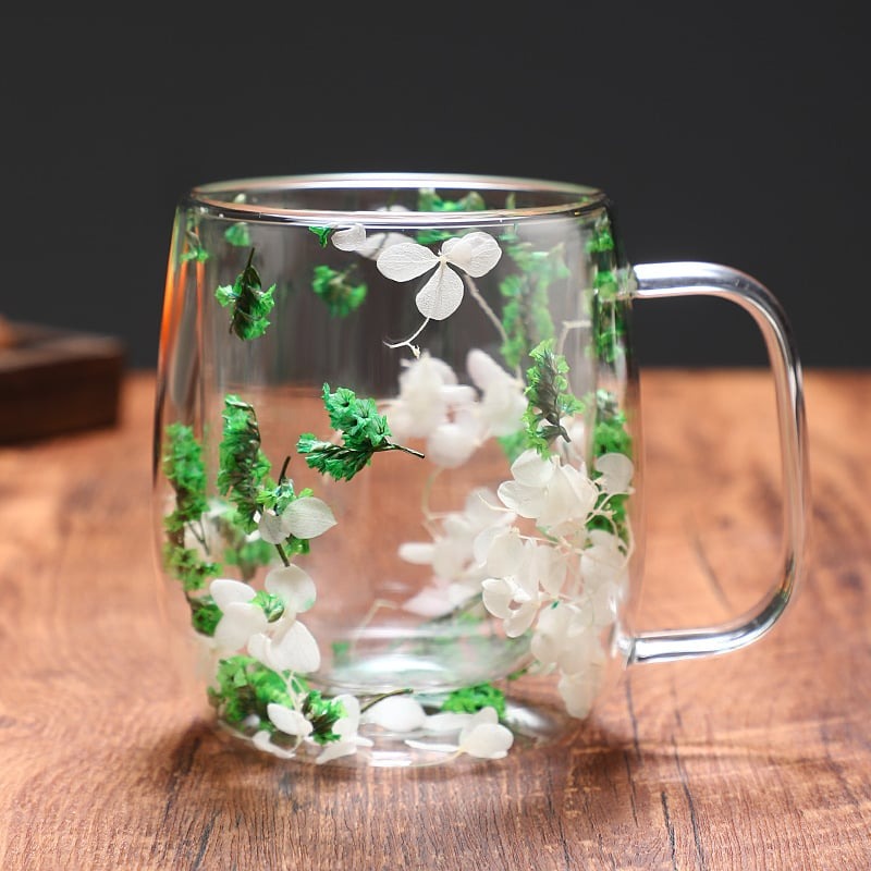 Transparent Double Glass Flower Tea Cup