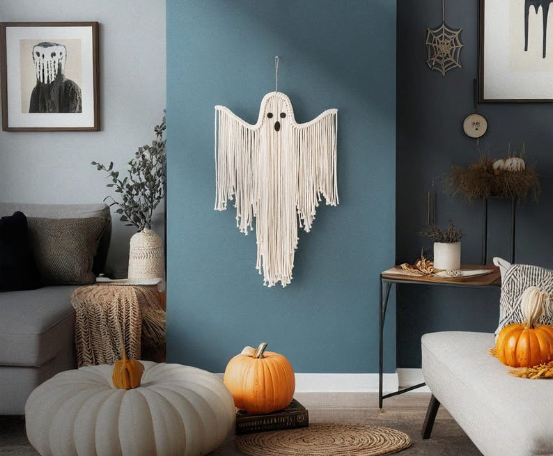 Halloween Macrame Ghost Spooky Wall Hanging for Gothic Deco
