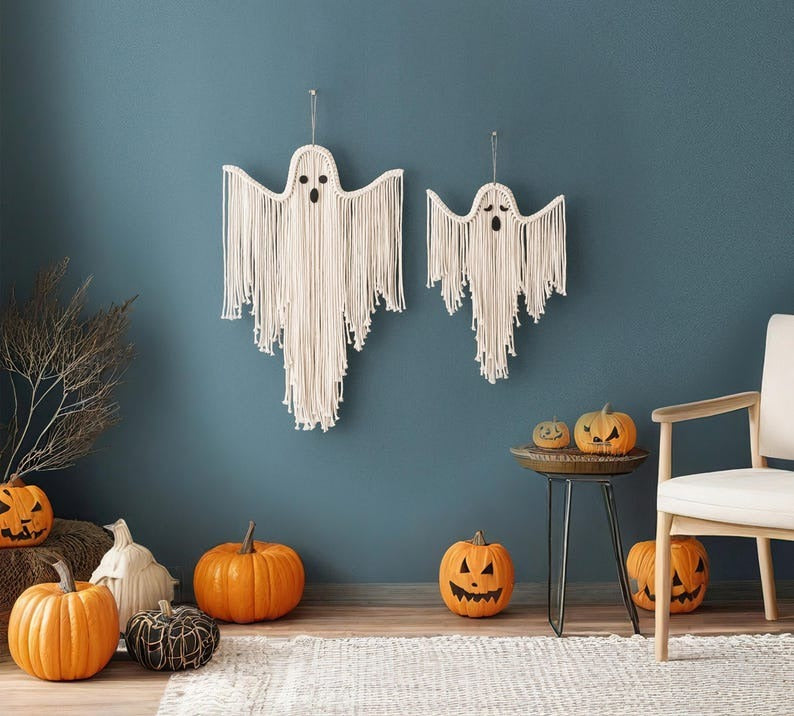 Halloween Macrame Ghost Spooky Wall Hanging for Gothic Deco