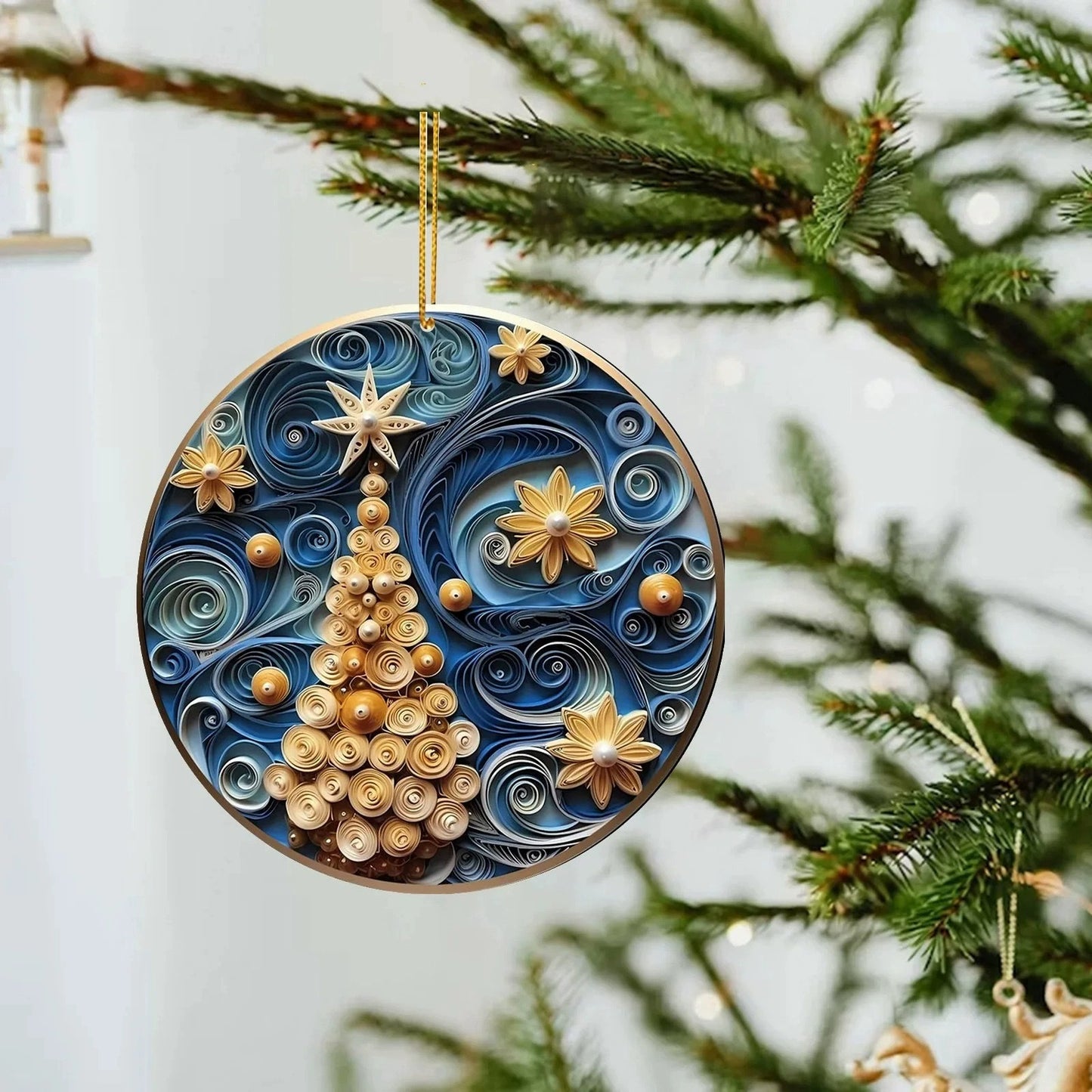 Spectacular Navy and Gold 3D look Non-Textured Christmas Star Moon Ornaments