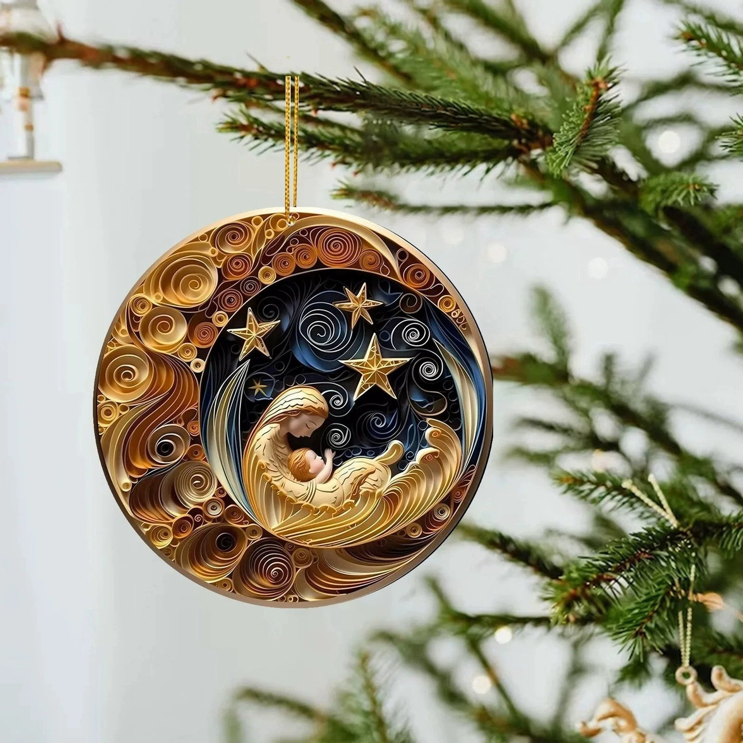Spectacular Navy and Gold 3D look Non-Textured Christmas Star Moon Ornaments