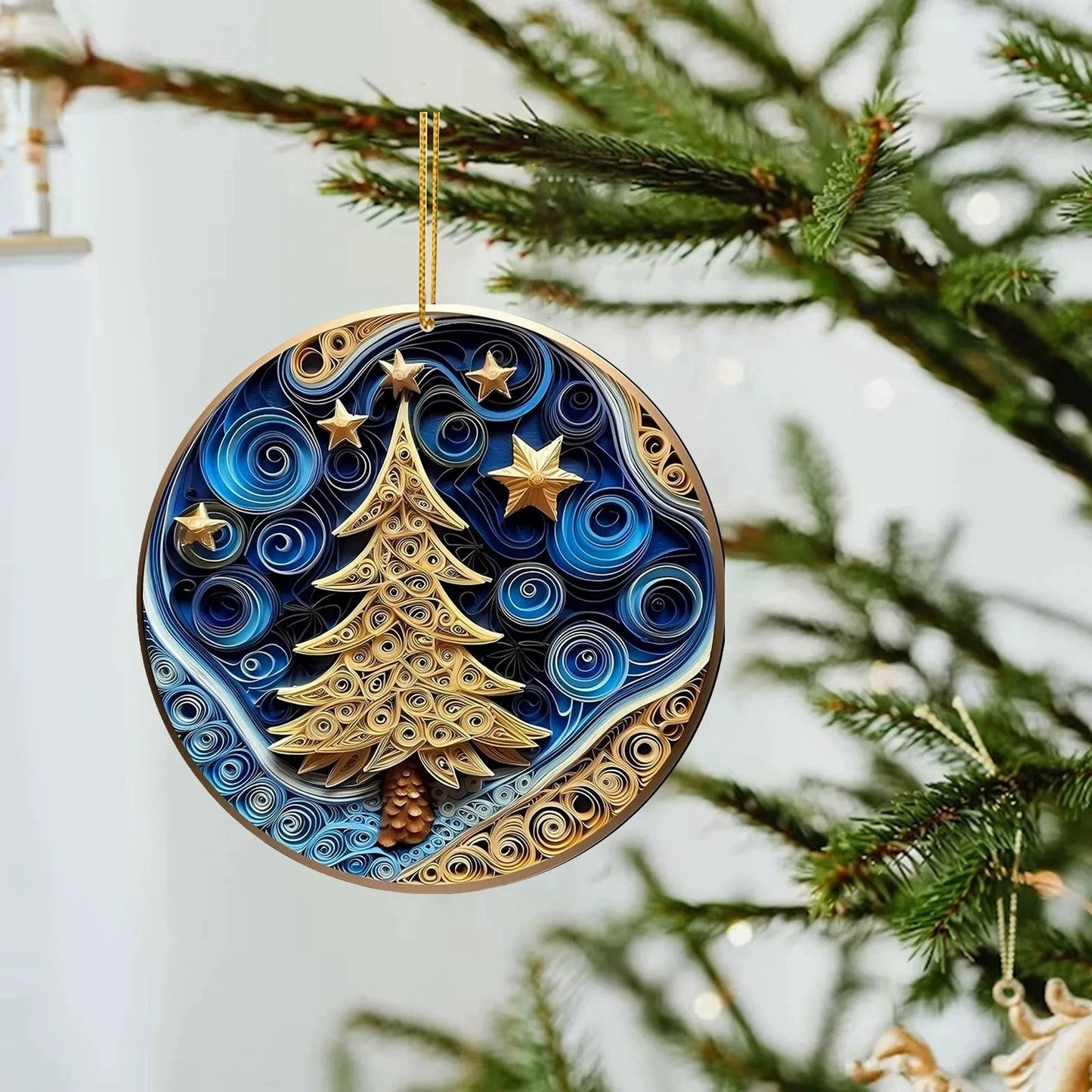 Spectacular Navy and Gold 3D look Non-Textured Christmas Star Moon Ornaments