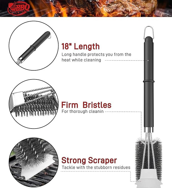 Stainless Steel Bristles & Scraper Deep Clean Charcoal Grill Grease