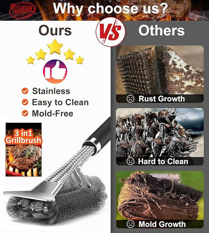 Stainless Steel Bristles & Scraper Deep Clean Charcoal Grill Grease