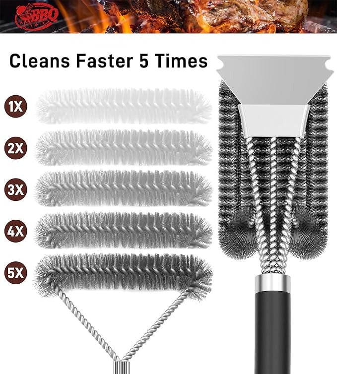 Stainless Steel Bristles & Scraper Deep Clean Charcoal Grill Grease