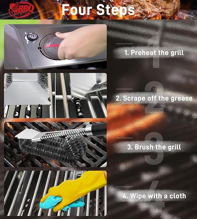 Stainless Steel Bristles & Scraper Deep Clean Charcoal Grill Grease